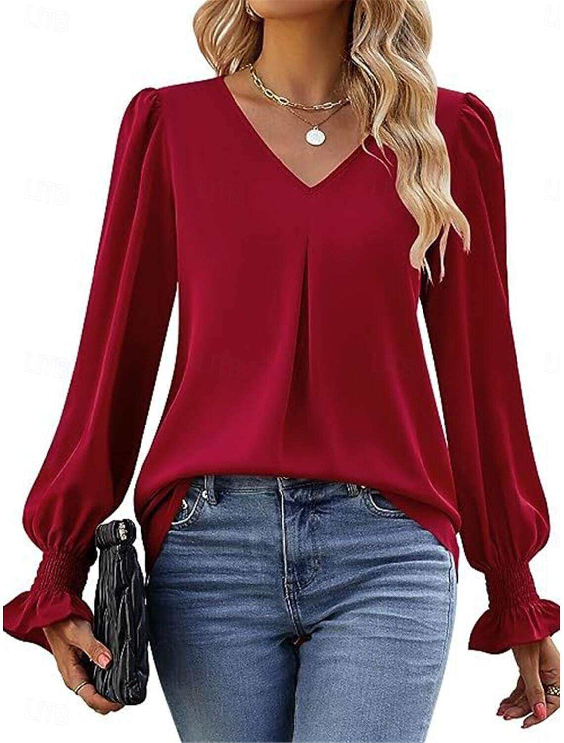 Women's Shirt Blouse Basic Casual Solid Color Regular Tops Long Sleeve V Neck Regular Fit Daily Fall Winter
