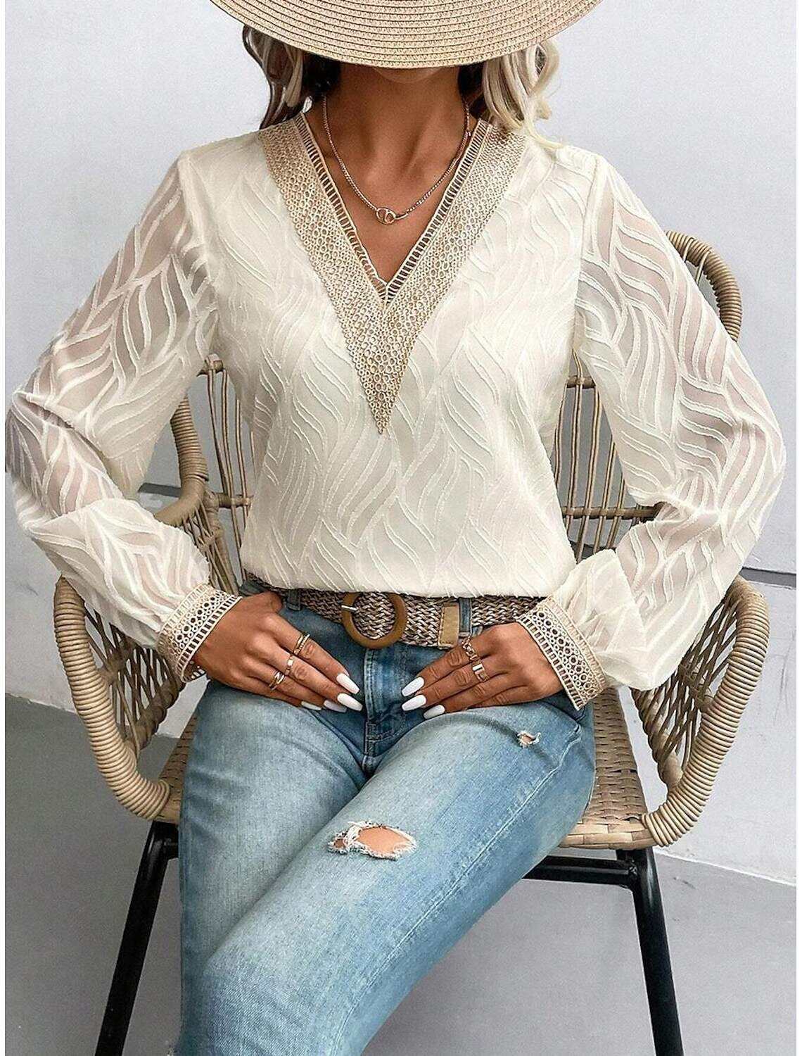 Women's Blouse Dressy Tops Elegant Stylish Solid Color Lace Flutter Sleeve Long Sleeve Regular Tops V Neck Party Daily Summer Spring Fall