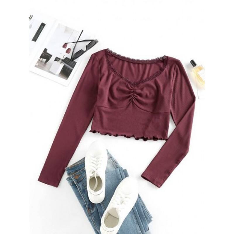 Ribbed Ruched Cropped Lace Trim Tee TG6158