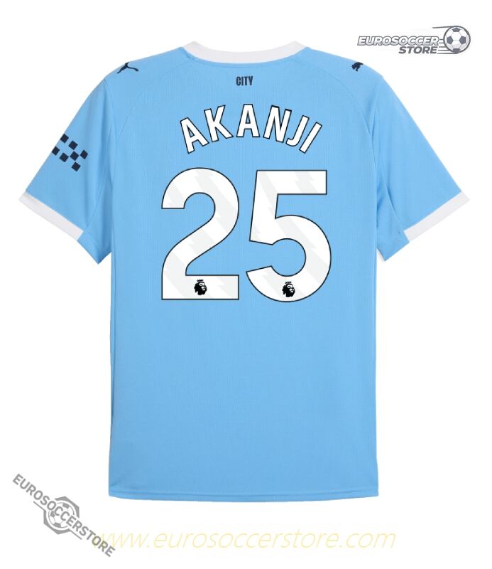 Manchester City's 25-26 Home Jersey featuring Akanji with the number 25