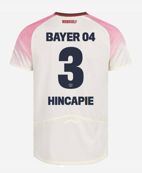 Away Jersey for Bayer 04 Leverkusen, featuring HINCAPIE 3, from the 25-26 season.
