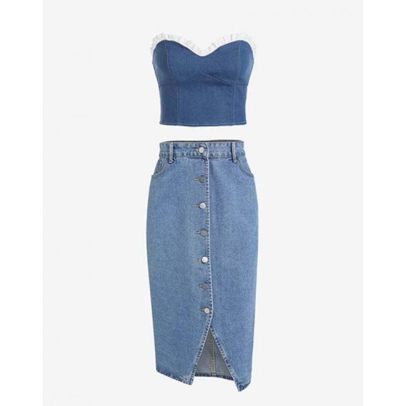 Denim Back Zip Contrast Ruffle Bandeau Corset Top SK2963