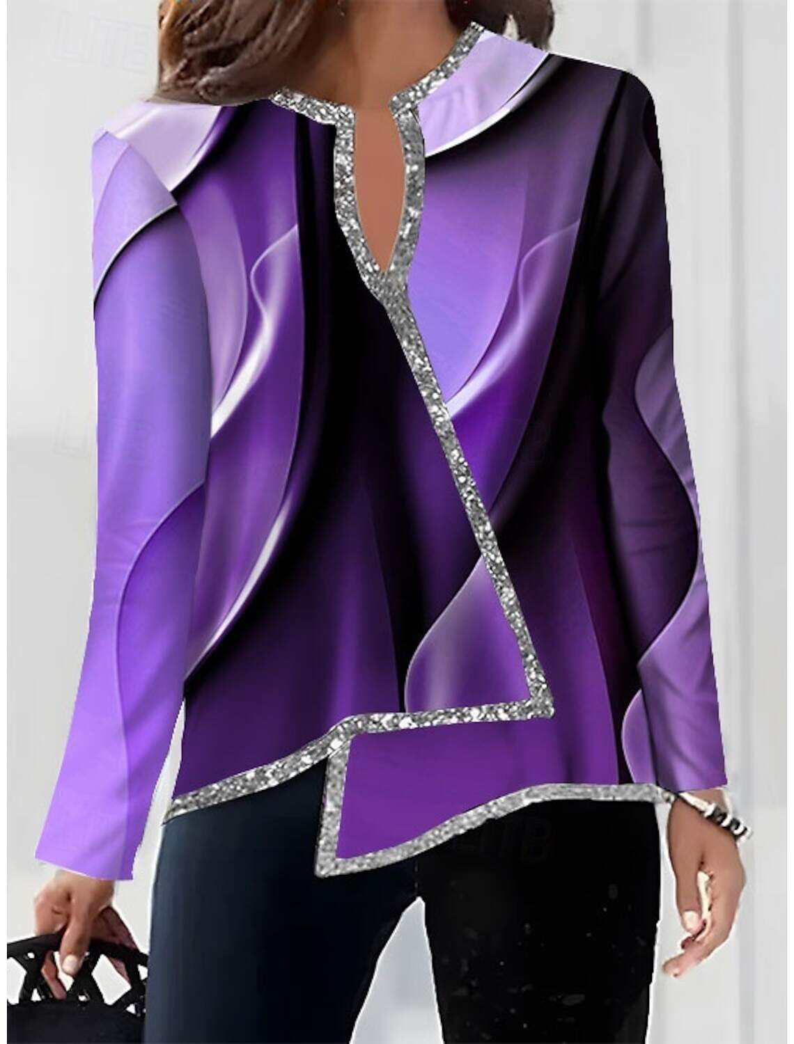 Women's Shirt Blouse Fashion Print Asymmetric Hem Long Sleeve Regular Tops V Neck Casual Fall & Winter