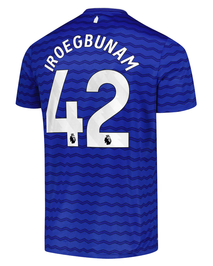 Everton's 25-26 Home Jersey, featuring IROEGBUNAM with the number 42, is the official home version for the specified season.