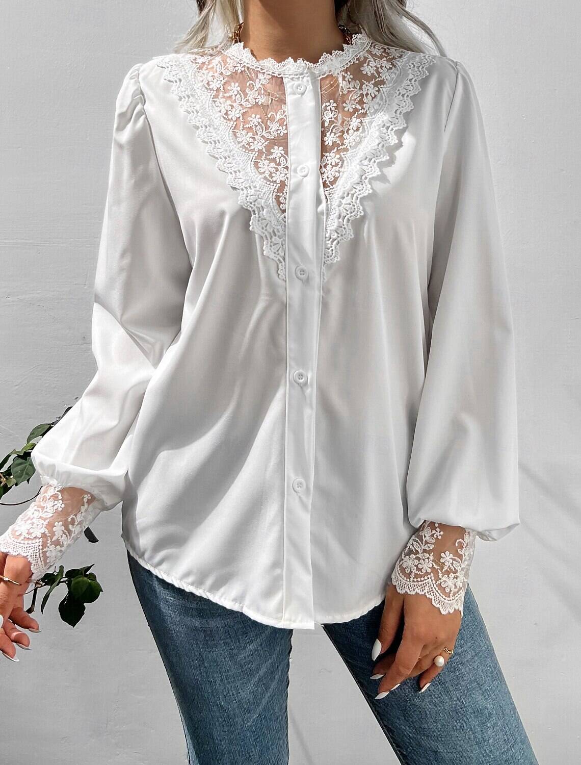 Women's Blouse Stylish Modern Lace Long Sleeve Regular Tops Crew Neck Work Daily Spring Fall