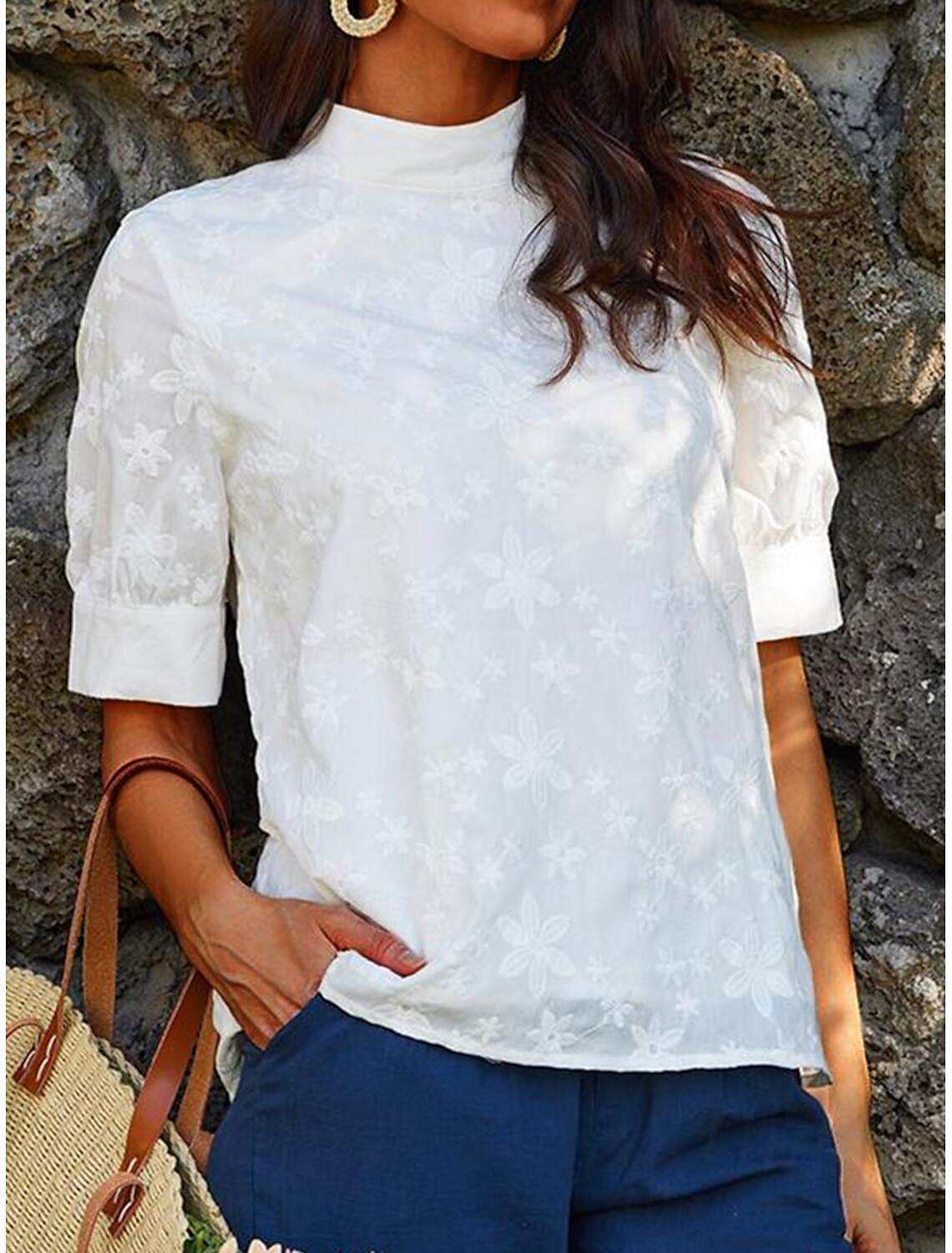 Women's Elegant Lace Tops Eyelet Blouse Turtleneck Dressy Tops Luxurious Floral Regular Tops Short Sleeve Embroidered Regular Fit Vacation Casual Romantic Petite Tops Summer Holiday Wear