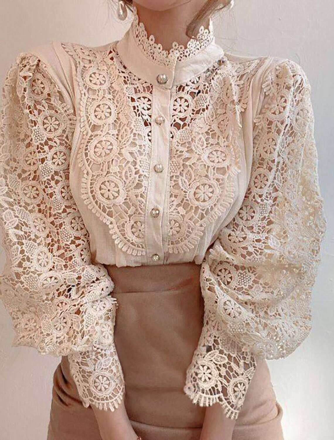 Women's Lace Shirt Blouse Eyelet top  Lace Shirt Elegant Fashion Elegant & Luxurious Solid Colored Shirt Collar Hole Regular Fit Daily Spring Fall Winter Fall & Winter