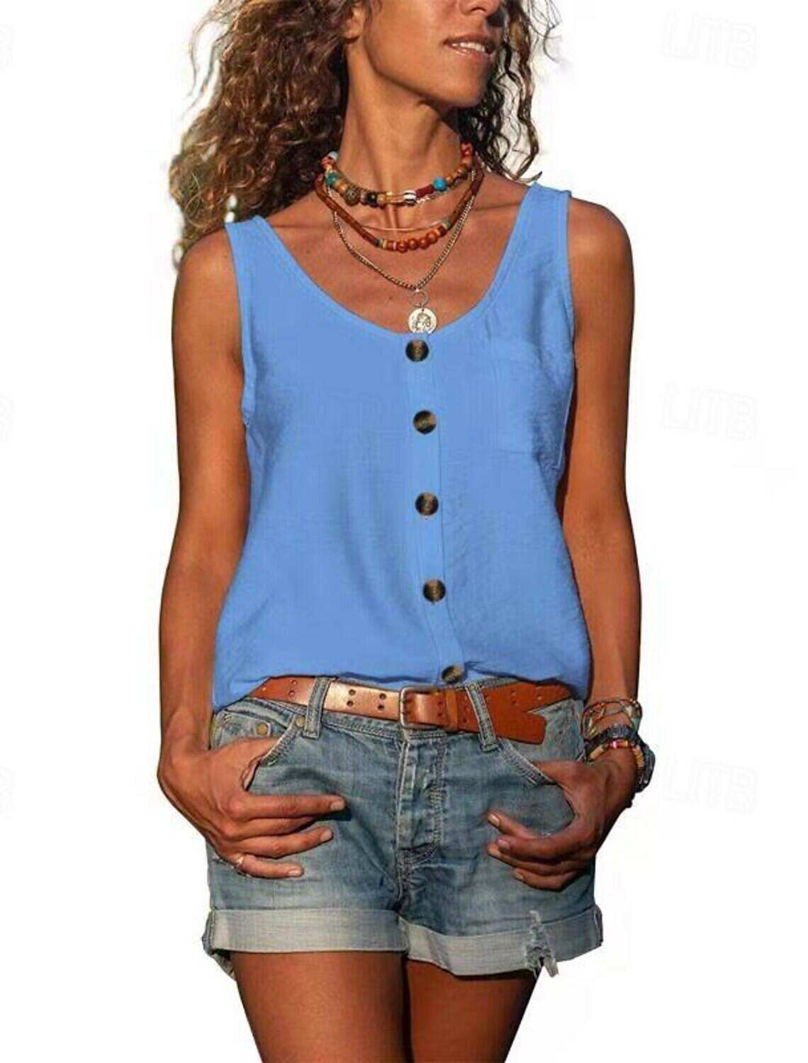 Women's ArmyGreen Black White Plain Sleeveless Daily Basic V Neck Regular S