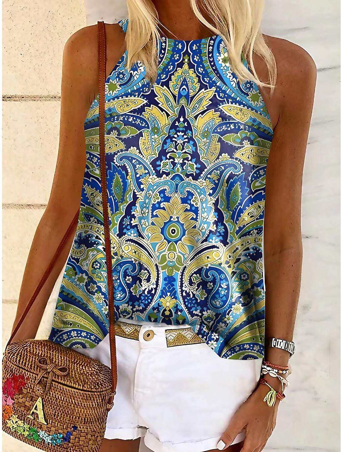 Women's Tank Top Halter Summer Tops Basic Paisley Vintage Ethnic Regular Tops Sleeveless Halter Neck Print Regular Fit Casual Holiday