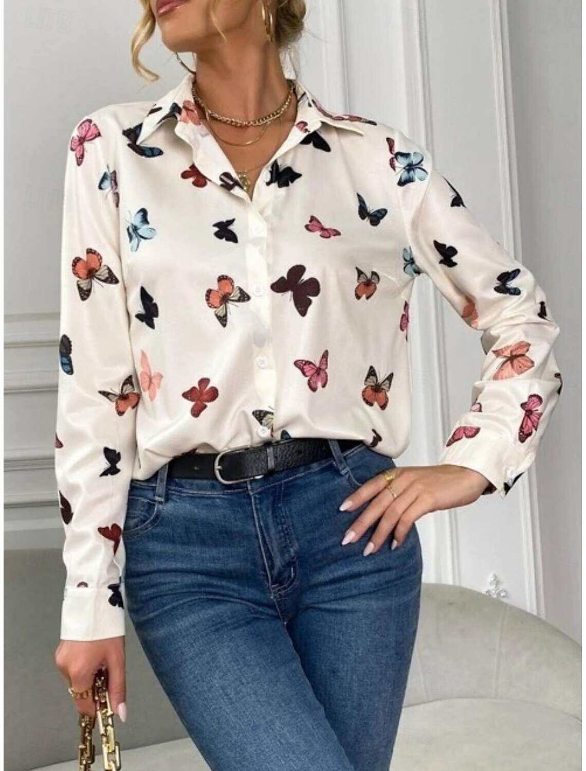 Women's Shirt Blouse Stylish Casual Butterfly Regular Tops Long Sleeve Shirt Collar Buttons Print Regular Fit Daily Summer Spring