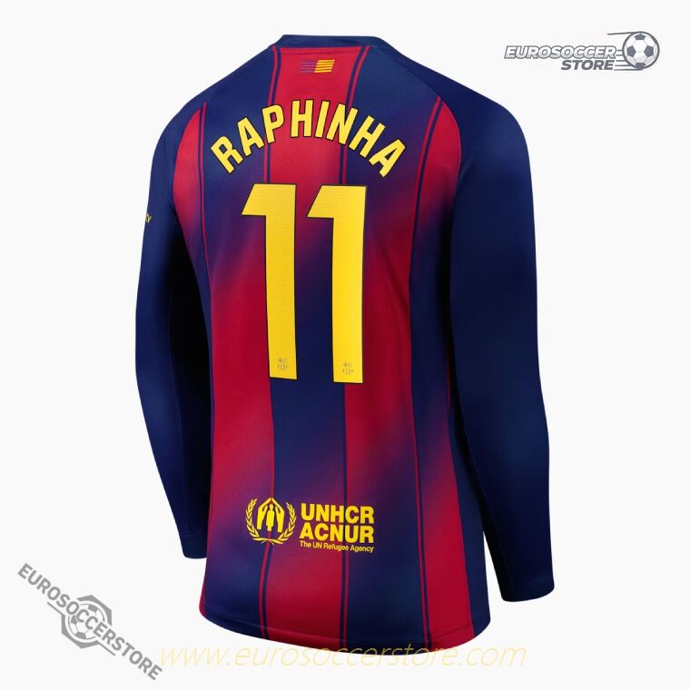 Barcelona's 25-26 Home Long Sleeve Jersey, featuring RAPHINHA with the number 11.