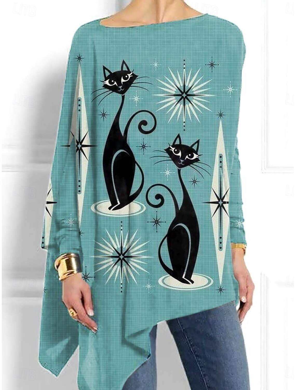 Women's Shirt Blouse Casual Cat Long Tops Long Sleeve Crew Neck Print Asymmetric Hem Regular Fit Daily Fall Winter