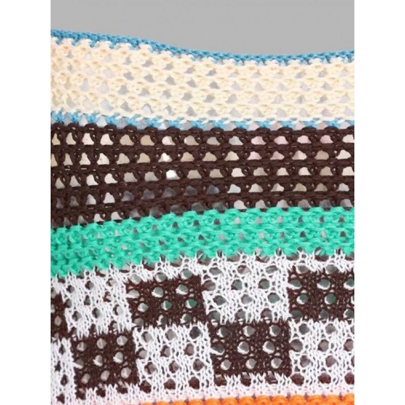 Openwork Crochet Checkered Striped Cap Sleeve Crop Top EM2890