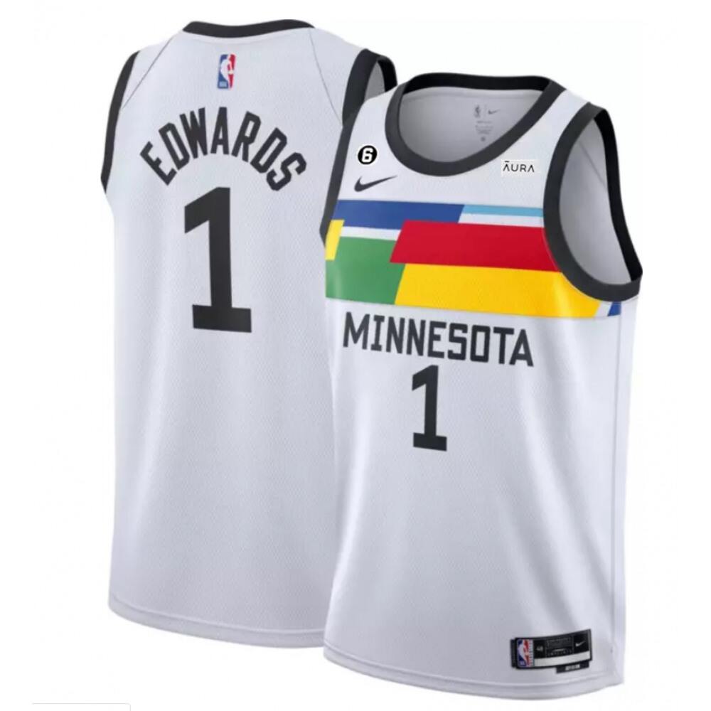Men's Minnesota Timberwolves #1 Anthony Edwards White 2022/23 City Edition With NO.6 Patch Stitched Jersey