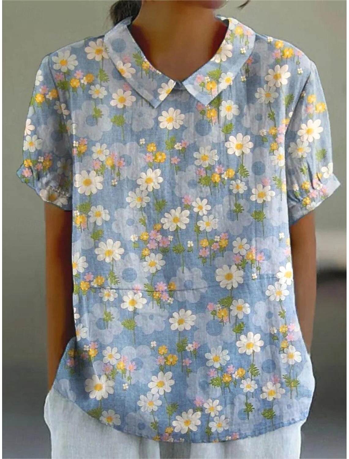 Women's Shirt Blouse Modern Floral Buttons Print Short Sleeve Regular Tops Shirt Collar Vacation Daily Summer Spring