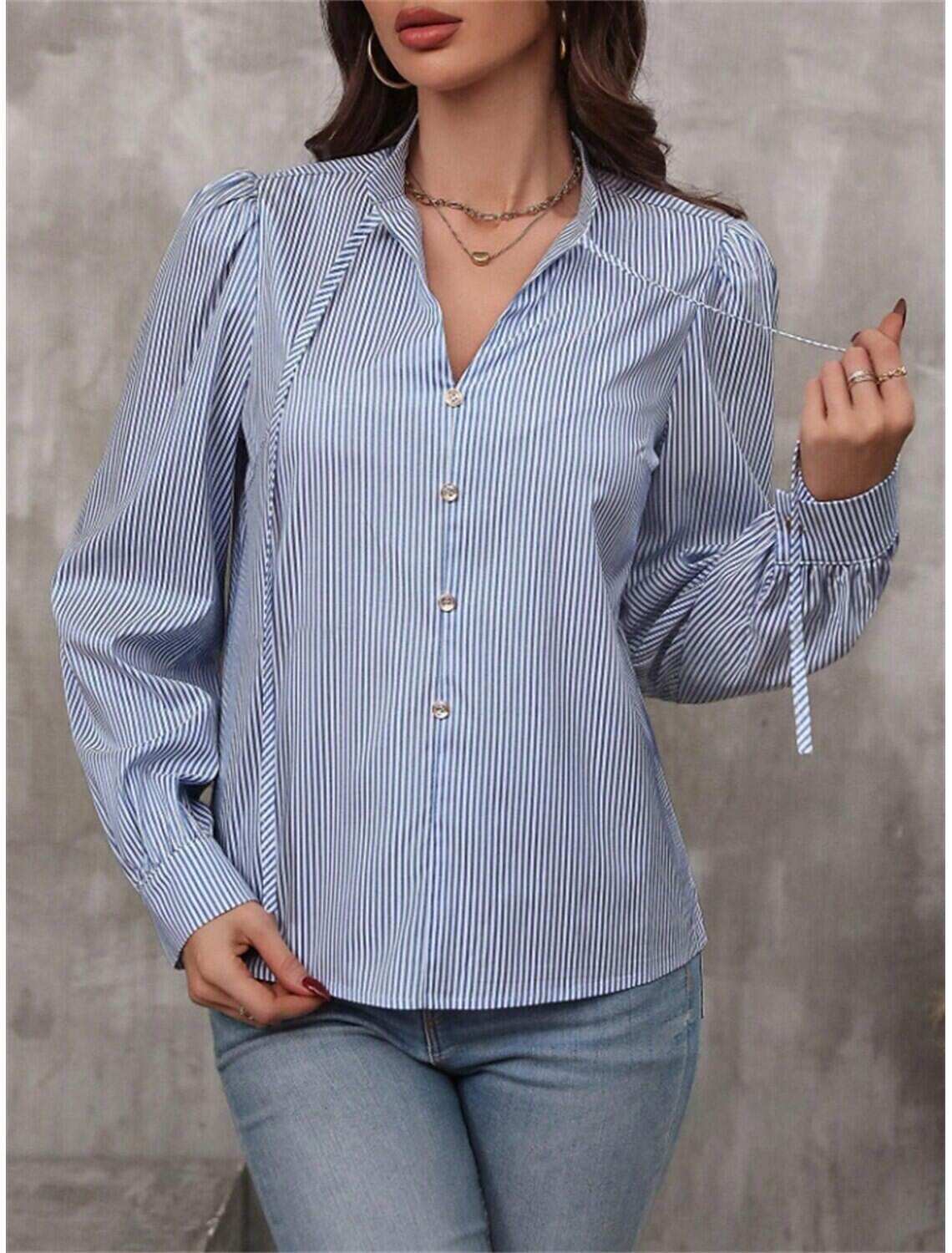 Women's Shirt Blouse Stylish Casual Striped Regular Tops Long Sleeve V Neck Patchwork Regular Fit Work Daily Going out Summer Spring Fall