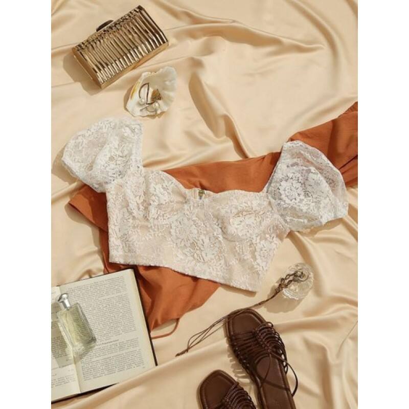 Lace Insert Puff Sleeve Crop Corset Top IN5305