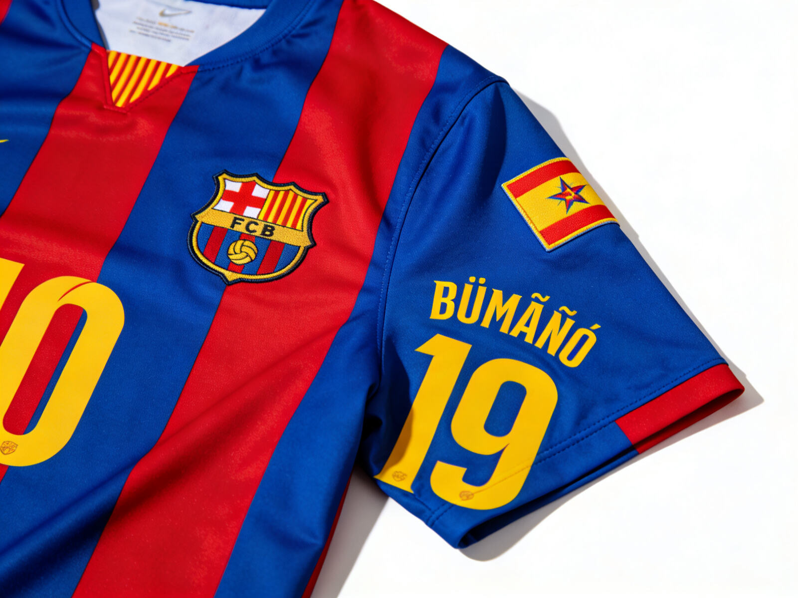 A vibrant Barcelona jersey with a custom Catalan flag patch or a stylized name on the back.