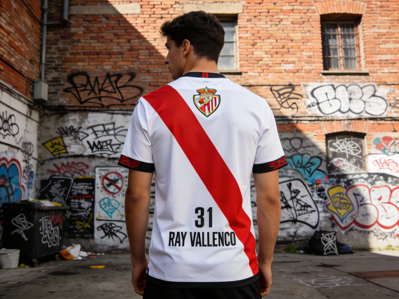A Rayo jersey in an urban, street-style setting, conveying grit and authenticity.