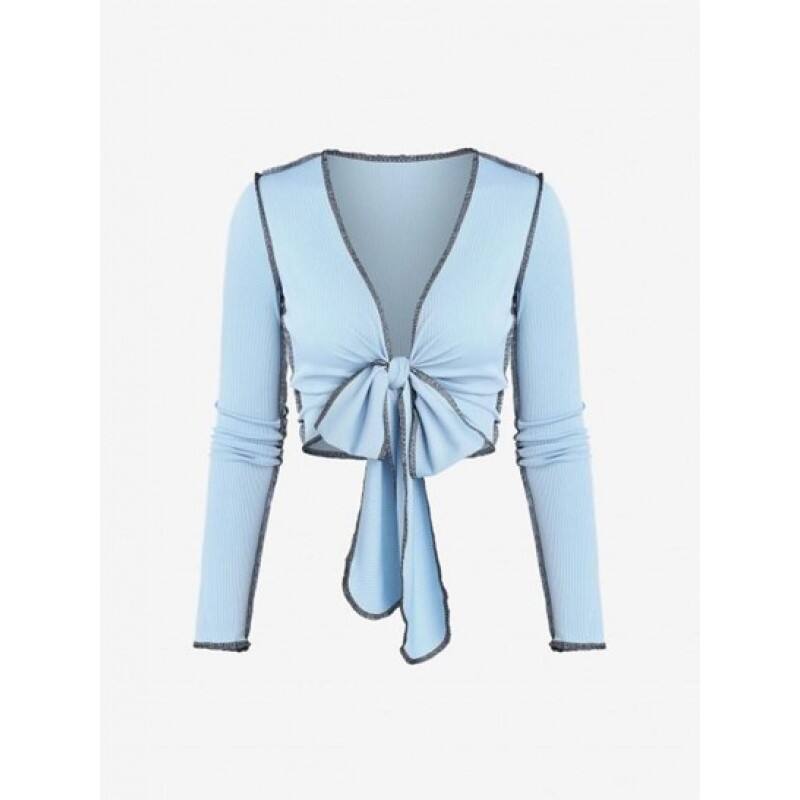 Ribbed Topstitching Tie Front Crop T Shirt SM3585