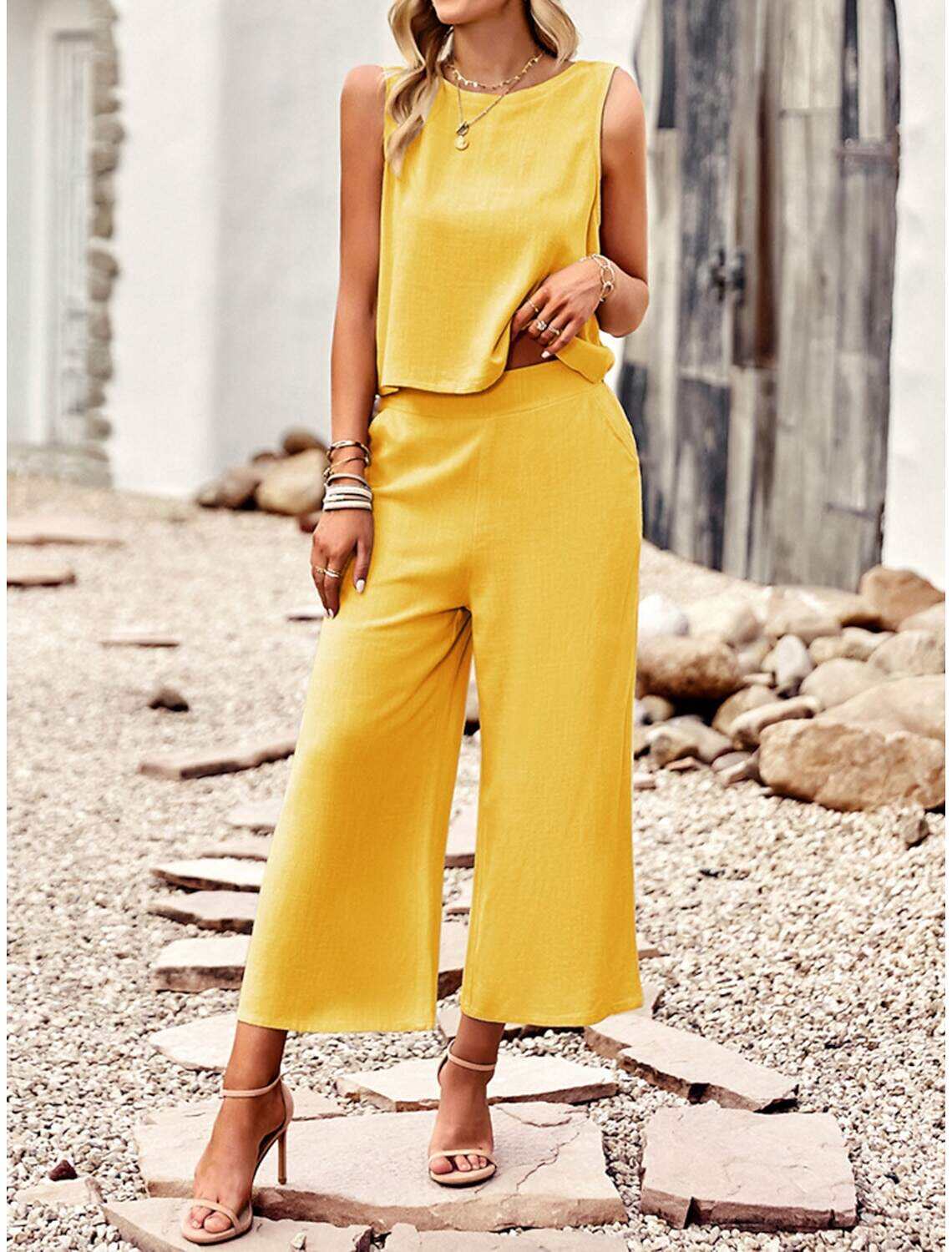 Tank Top Pants Sets Women's Solid Color Casual Daily Fashion Round Neck Regular Fit S