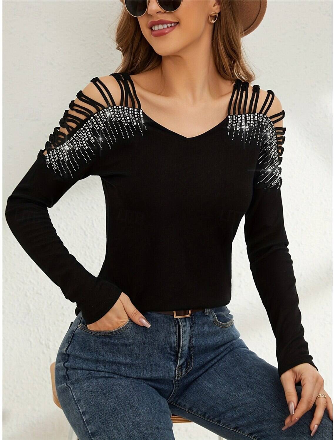 Women's T Shirt Fashion Modern Casual Plain Regular Tops Long Sleeve V Neck Patchwork Cut Out Regular Fit Daily Weekend Fall