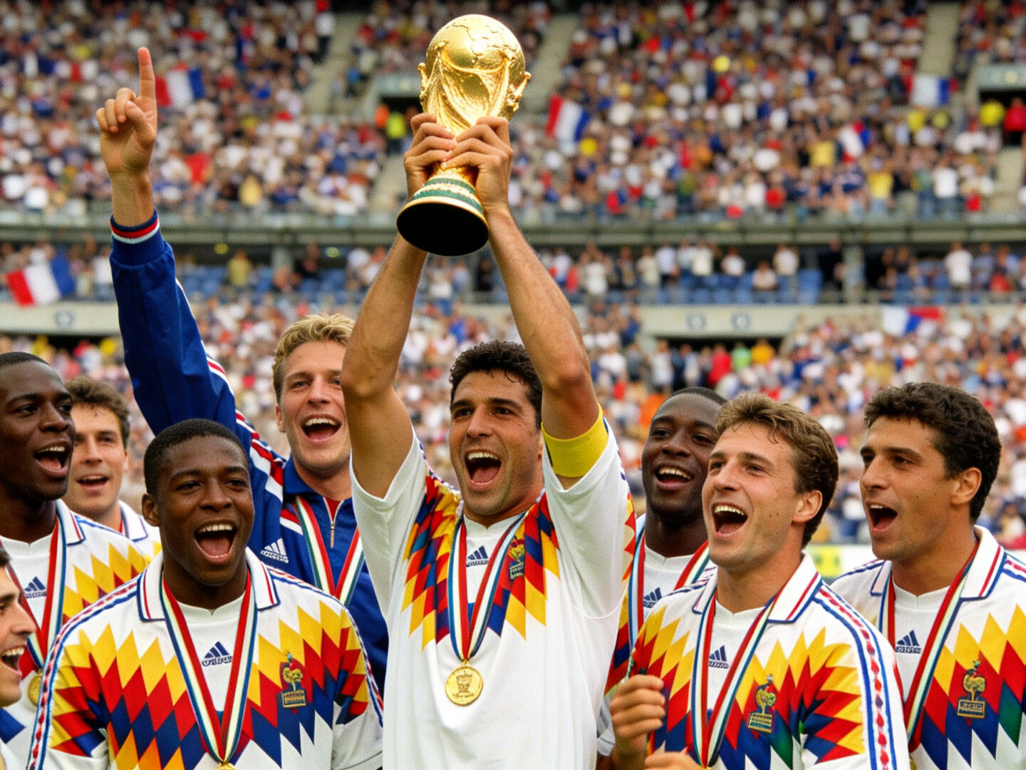 The French team lifting the 1998 World Cup trophy, clearly showing the jersey design.
