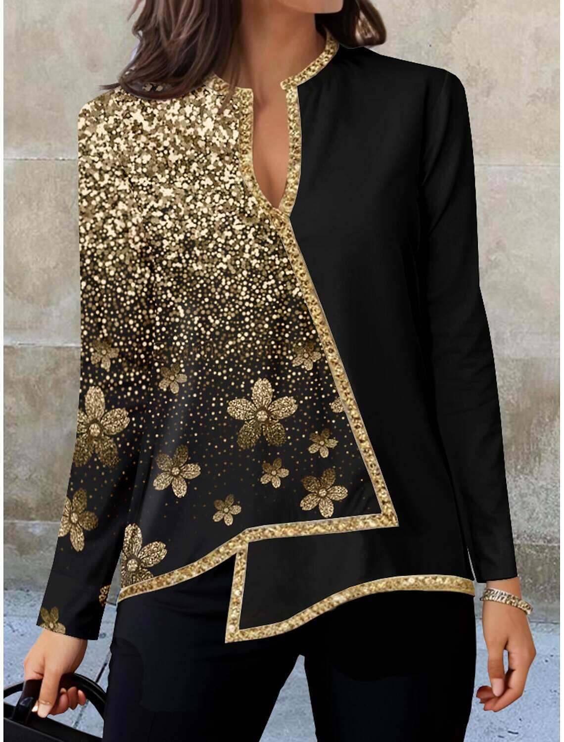 Women's Shirt Blouse Fashion Floral Print Asymmetric Hem Long Sleeve Regular Tops V Neck Casual Holiday Fall & Winter