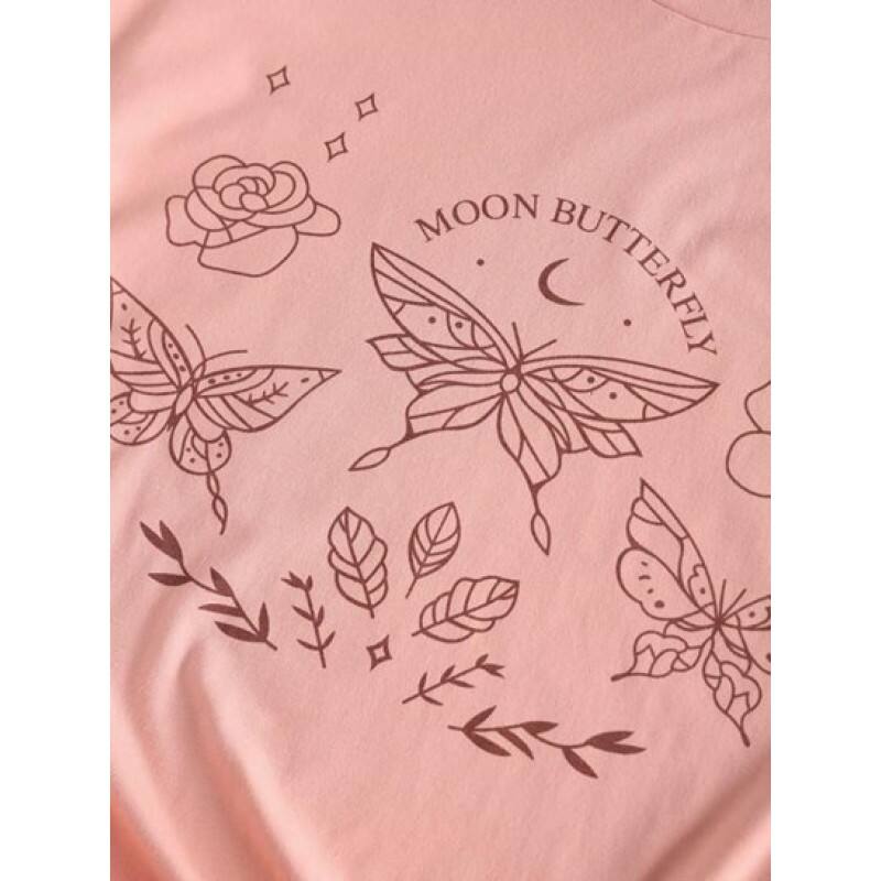 Moon Butterfly Print Drop Shoulder Oversized T Shirt GA5895