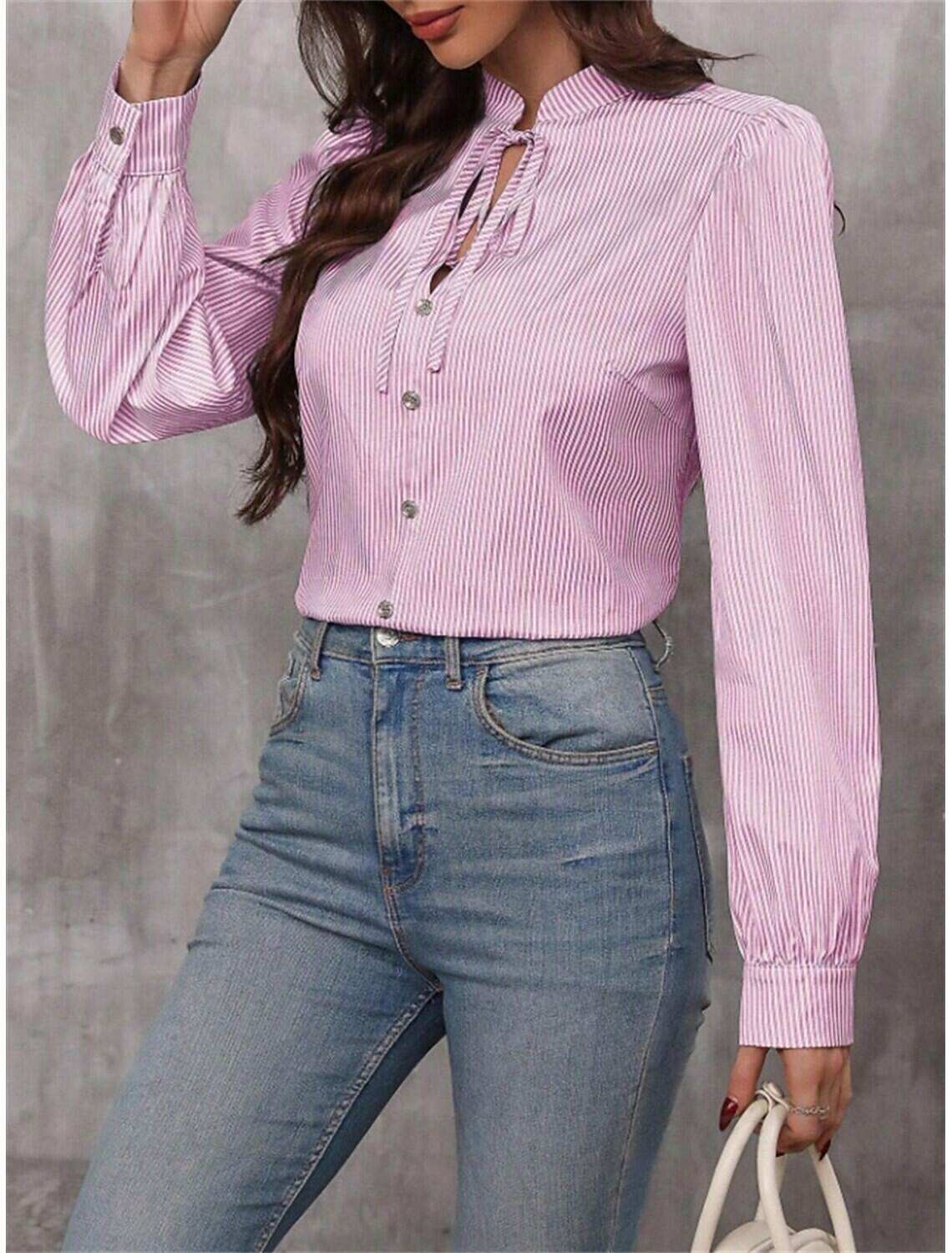 Women's Shirt Blouse Stylish Casual Striped Regular Tops Long Sleeve V Neck Patchwork Regular Fit Work Daily Going out Summer Spring Fall