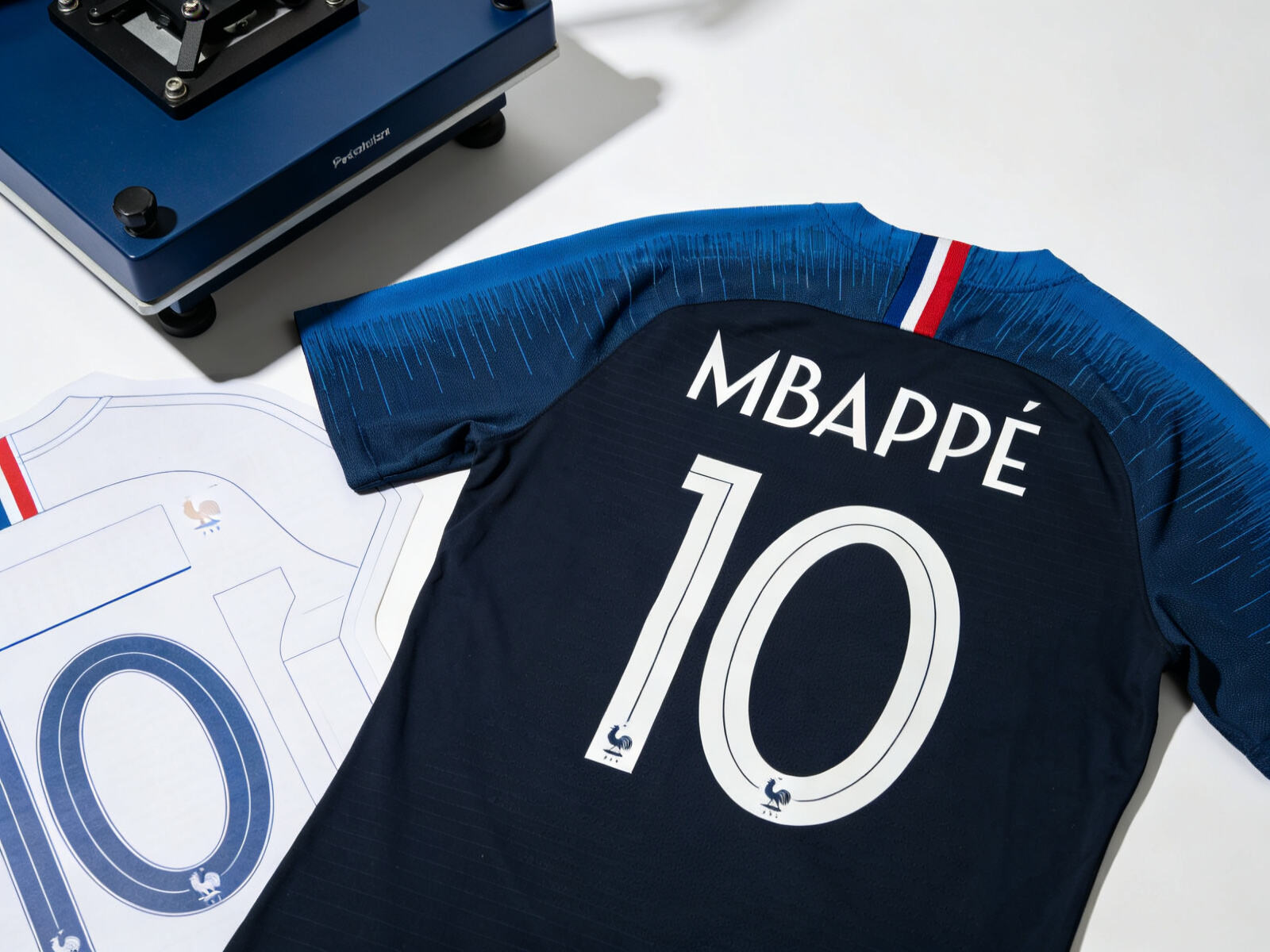 Close-up detail of a professional heat press applying the "MBAPPE 10" name and number set to an official-style France National Team jersey at Final Whistle Gear.