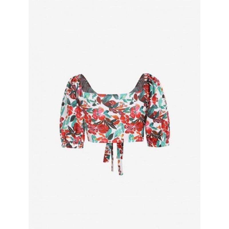 Floral Puff Sleeve Tie Front Cropped Blouse PE0420