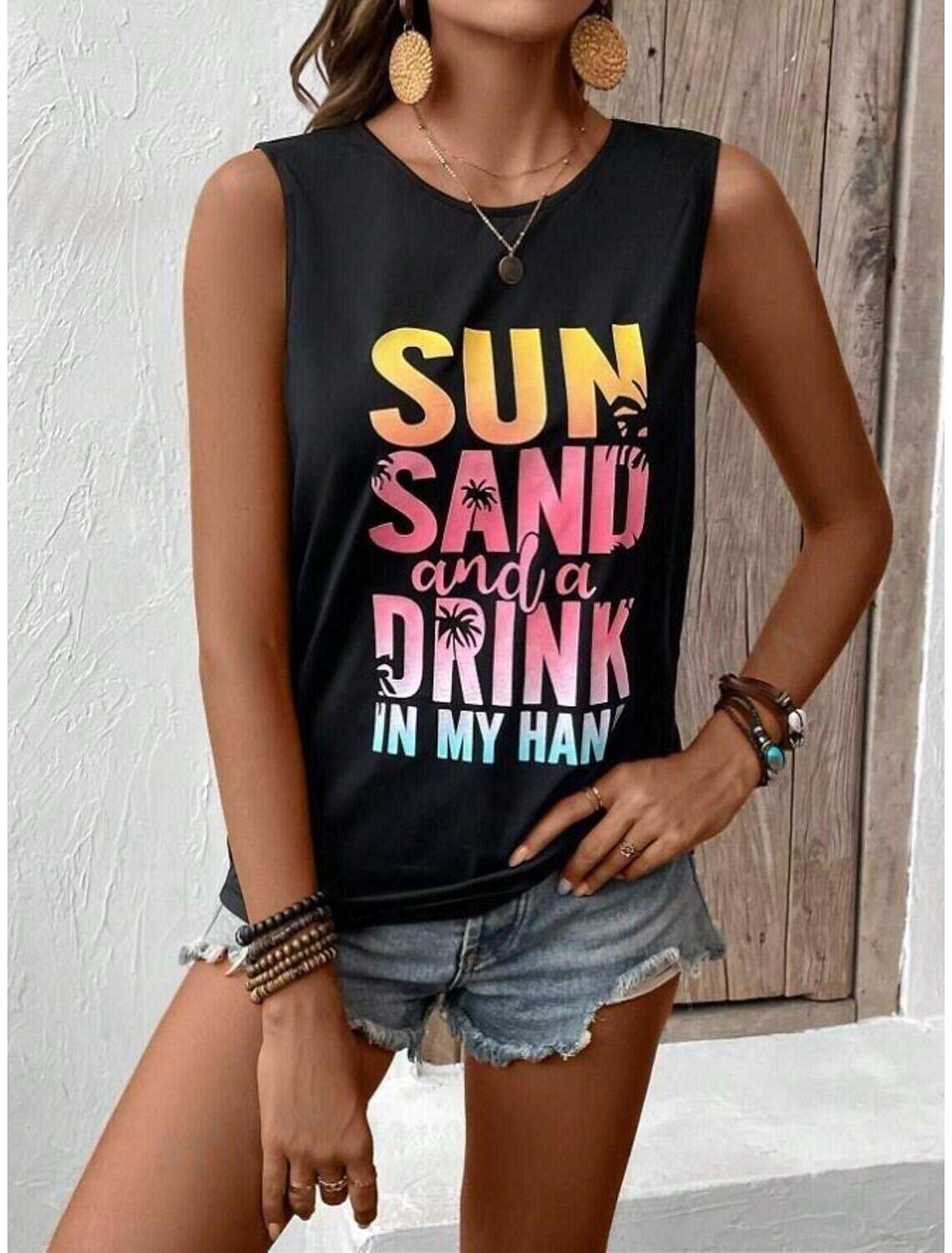 Women's Tank Top Vest Vacation Tropical Fashion Letter Print Sleeveless Regular Tops Crew Neck Casual Summer