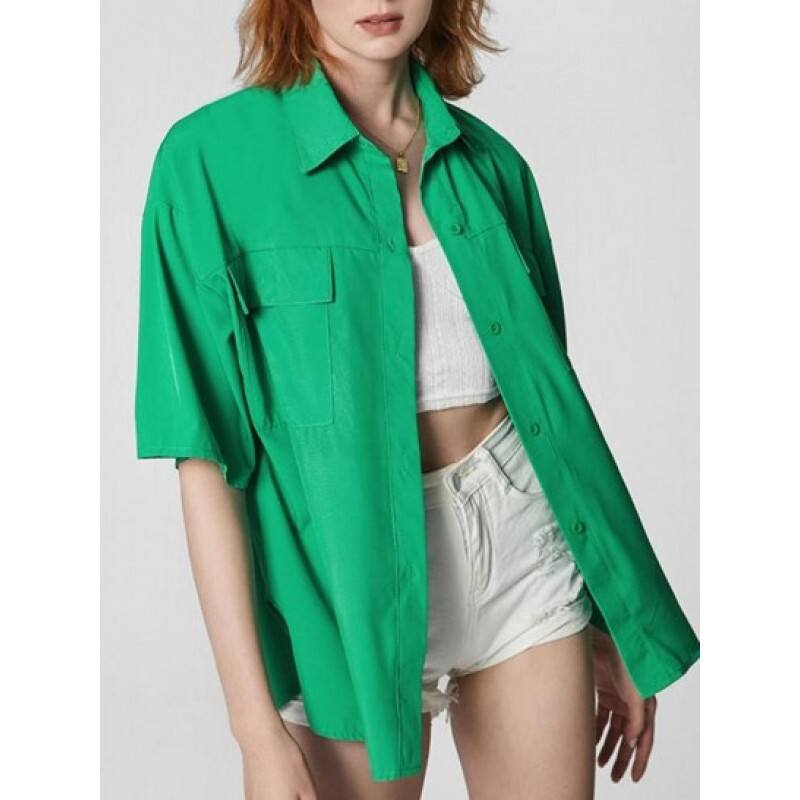Drop Shoulder Pocket Loose Shirt JL6411