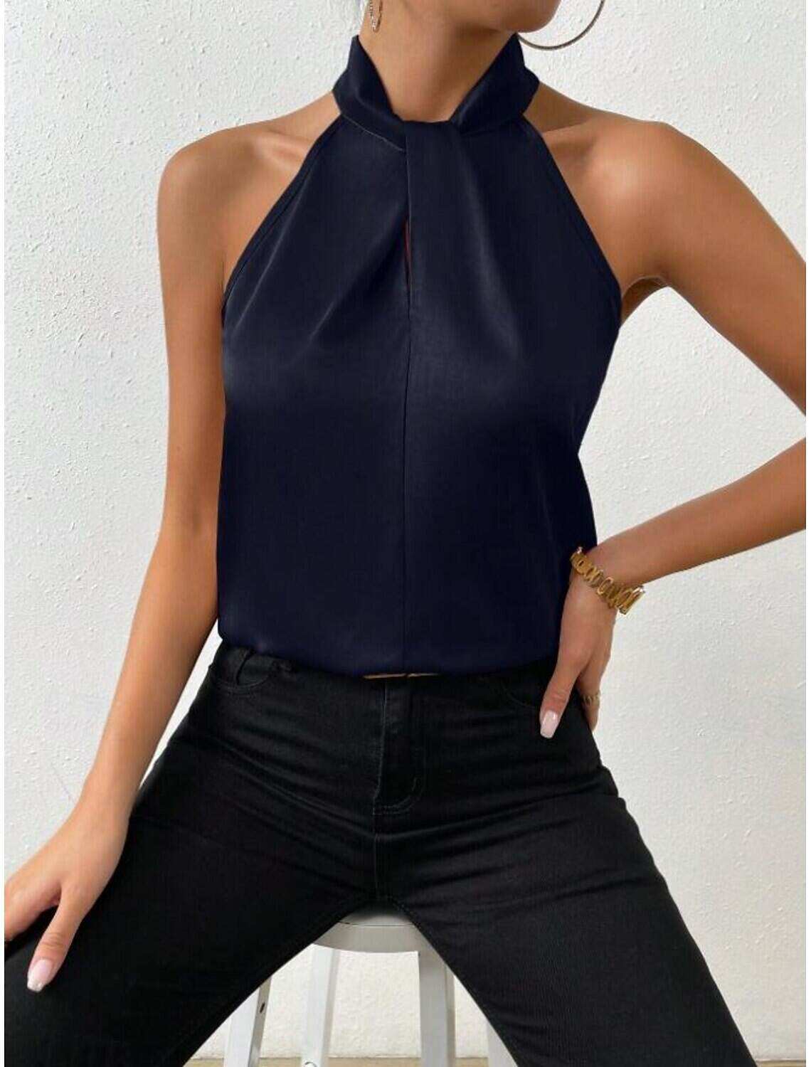 Tank Women's Plain Cold Shoulder Street Daily Fashion Halter Neck Regular Fit S