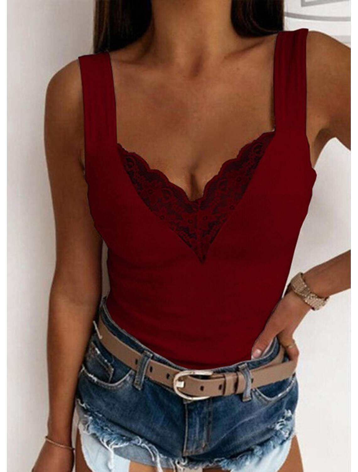 Women's Tank Top Going Out Tops Camis Concert Tops Plain Patchwork Lace Trims Sleeveless Party Daily Basic Sexy Sweetheart Regular S