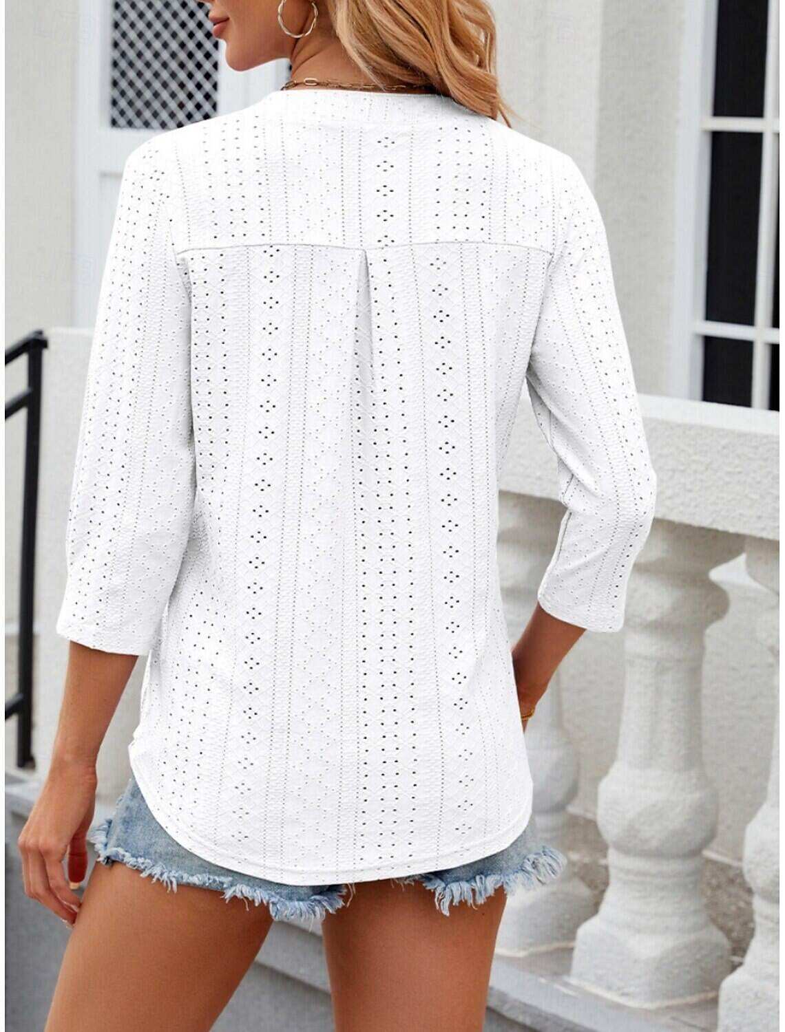 Women's Shirt Blouse Stylish Casual Floral Regular Tops Long Sleeve Notched Neck Eyelet Regular Fit Daily Summer Spring
