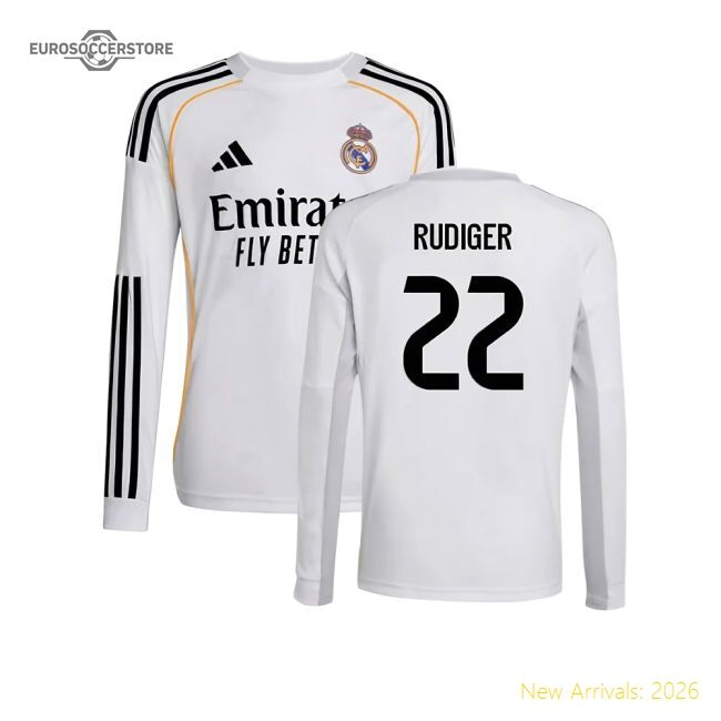 2025-2026 Real Madrid Long Sleeve First Jersey (kids) (rudiger 22)