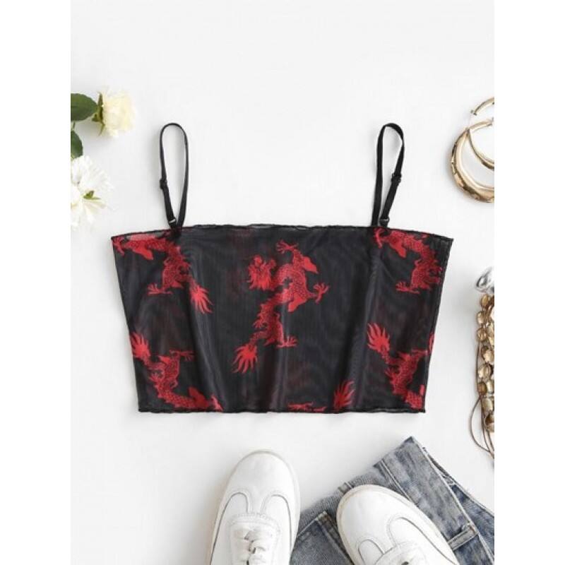 Cropped Oriental Dragon Sheer Mesh Cami Top AI0875