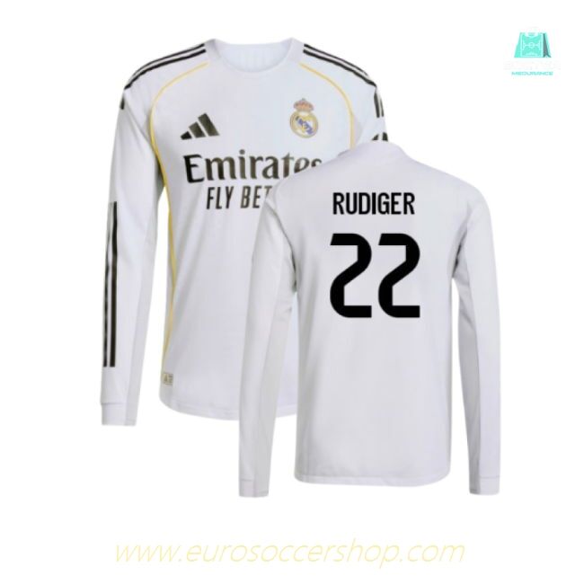 2025-2026 Real Madrid Authentic Long Sleeve Home Shirt (Rudiger 22)