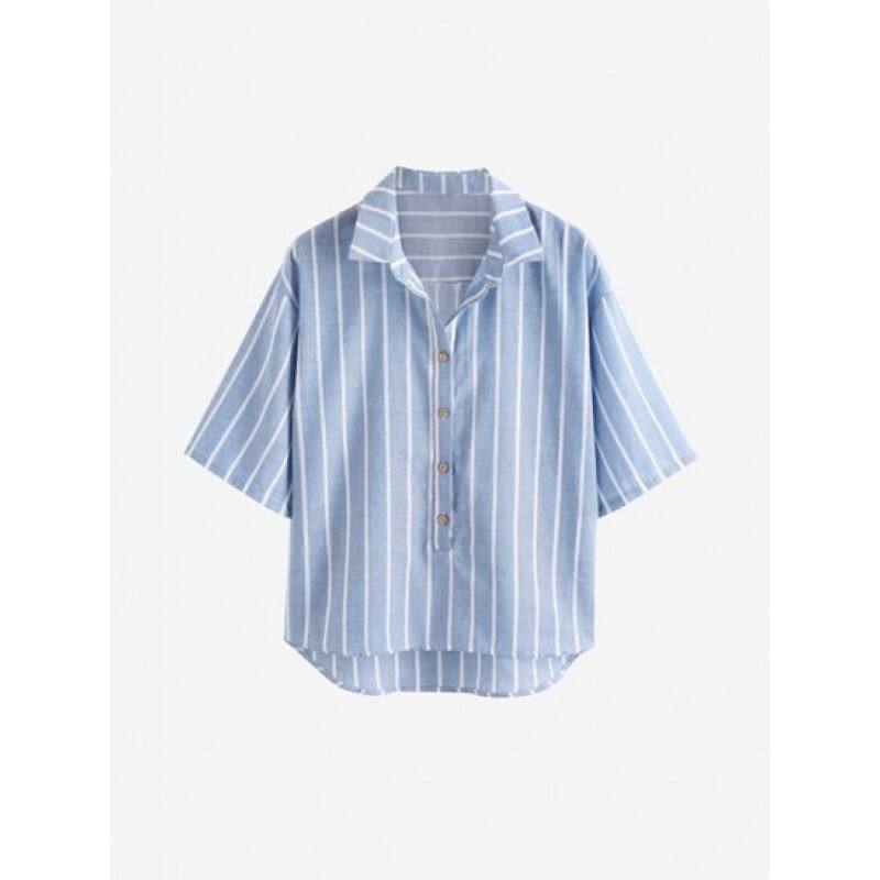 Pinstriped Drop Shoulder Button Placket Blouse BD2397