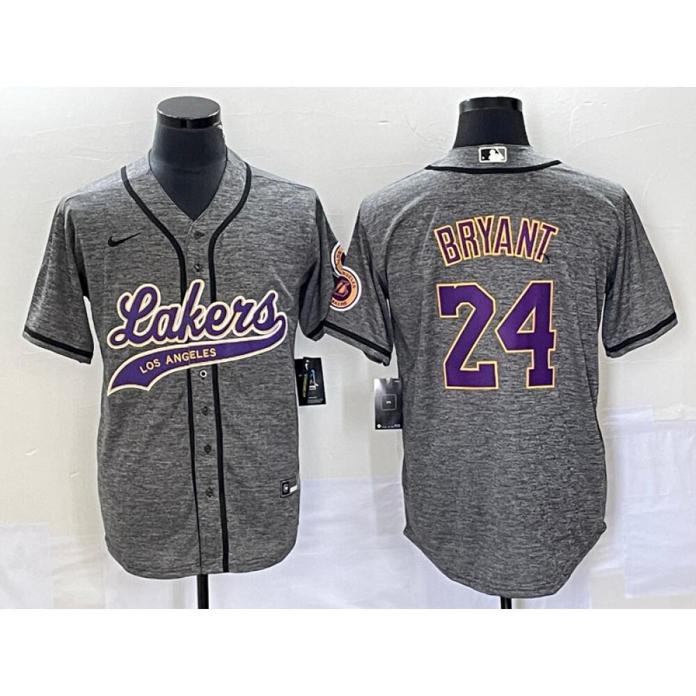 Men's Los Angeles Lakers #24 Kobe Bryant Gray Cool Base With Patch Stitched Baseball Jersey