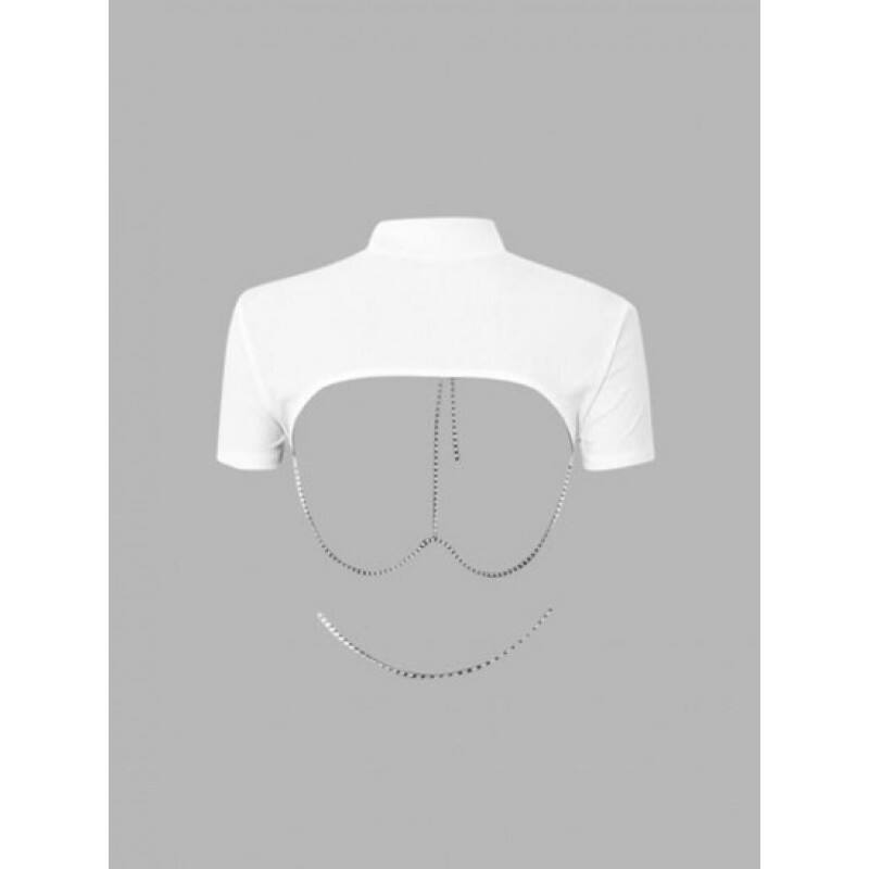 Rhinestones Chains Open Back Ribbed Tee SD1108