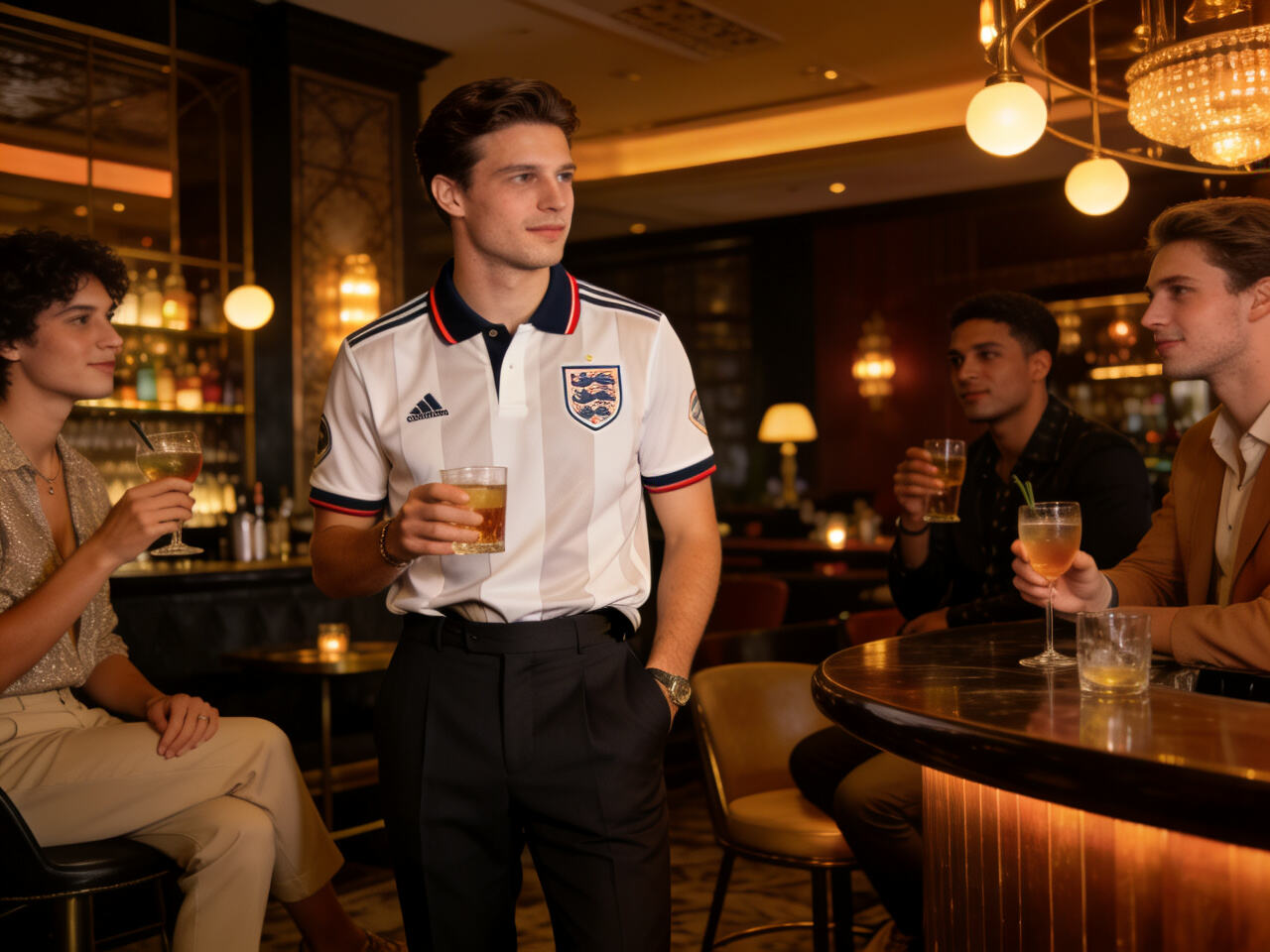 A group of friends at a stylish bar, the central figure wearing a jersey tucked into tailored pants with a polo collar visible underneath.
