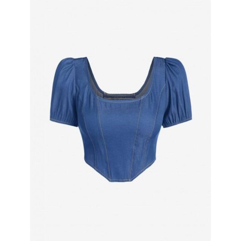Topstitching Corset-style Chambray Puff Sleeve Top KZ9790