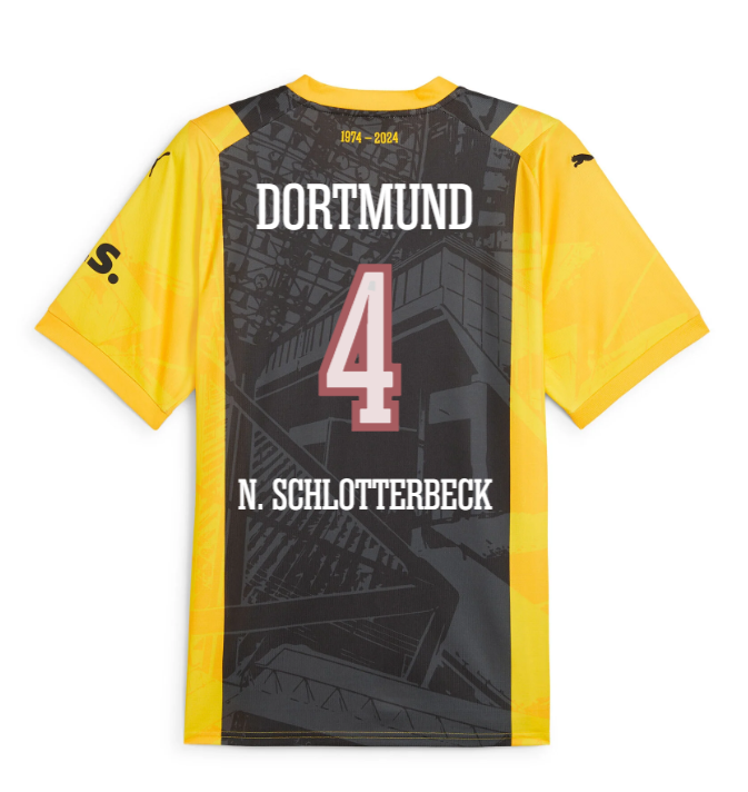 Borussia Dortmund's M. SCHLOTTERBECK, wearing the No. 4 jersey, dons the 50th Anniversary Special Jersey for the 23-24 season.
