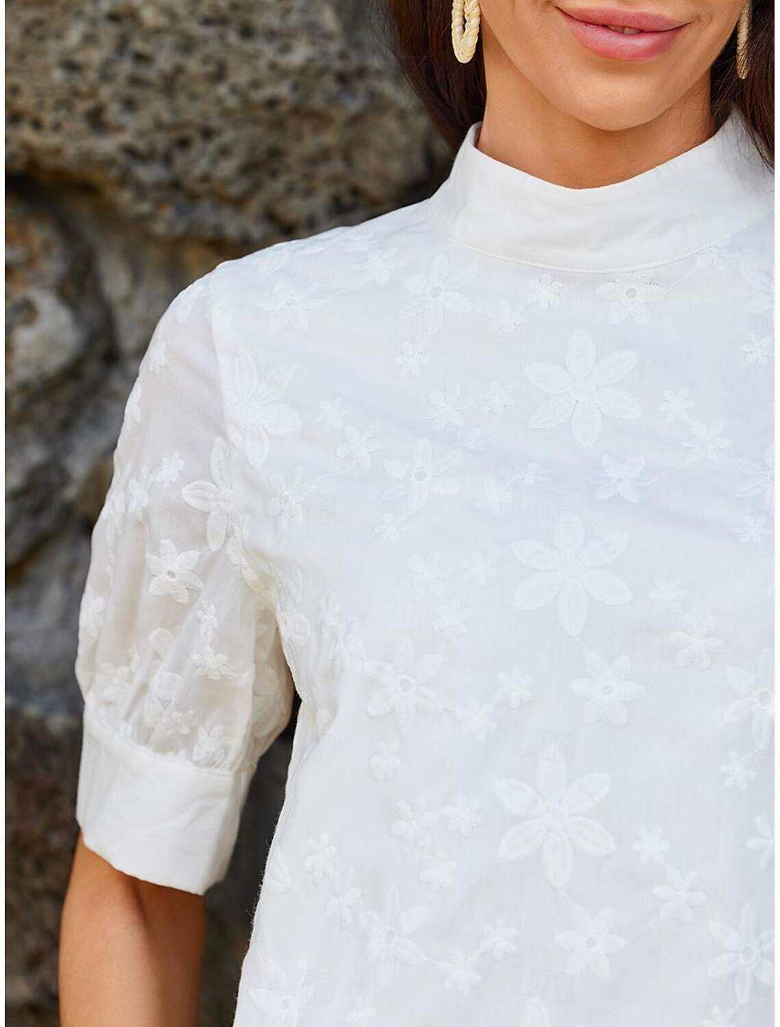Women's Elegant Lace Tops Eyelet Blouse Turtleneck Dressy Tops Luxurious Floral Regular Tops Short Sleeve Embroidered Regular Fit Vacation Casual Romantic Petite Tops Summer Holiday Wear