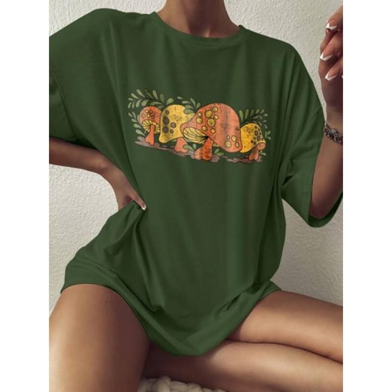 Mushroom Print Drop Shoulder T Shirt MS9430