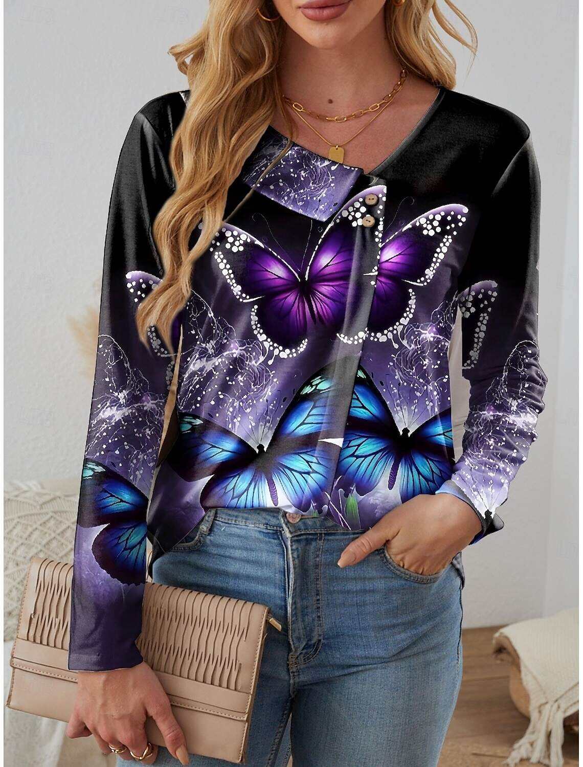 Women's Shirt Casual Butterfly Regular Tops Long Sleeve Asymmetrical Shirt Collar Buttons Print Asymmetric Regular Fit Work Daily Spring Fall Winter