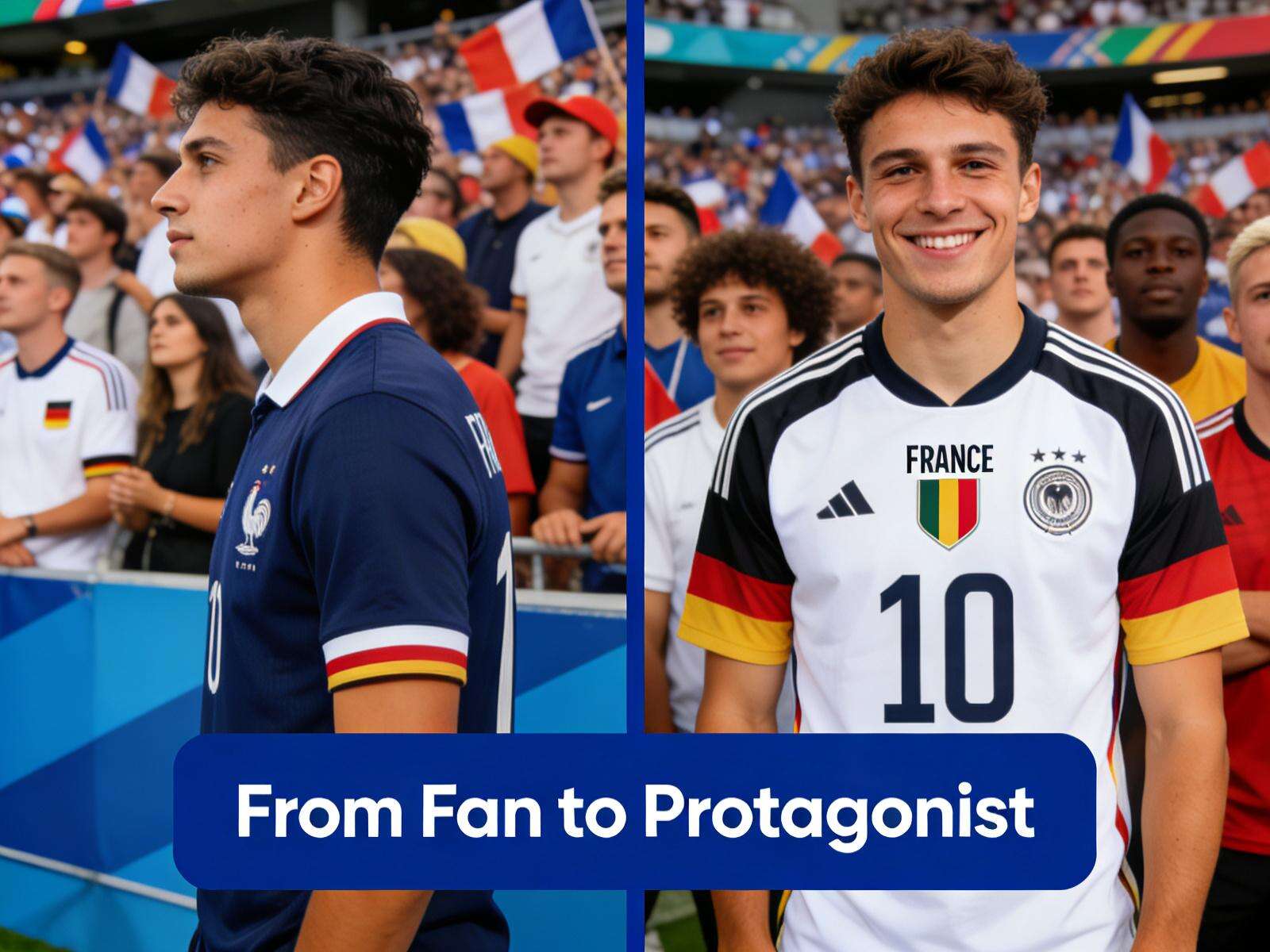 A split-screen image contrasting fan experiences. On the left, a person in a generic team jersey blends into a crowd. On the right, the same person wears a custom personalized football jersey with their own name and number visible, smiling confidently at the camera. This represents the transition from being just a fan to becoming the protagonist of your own football story.